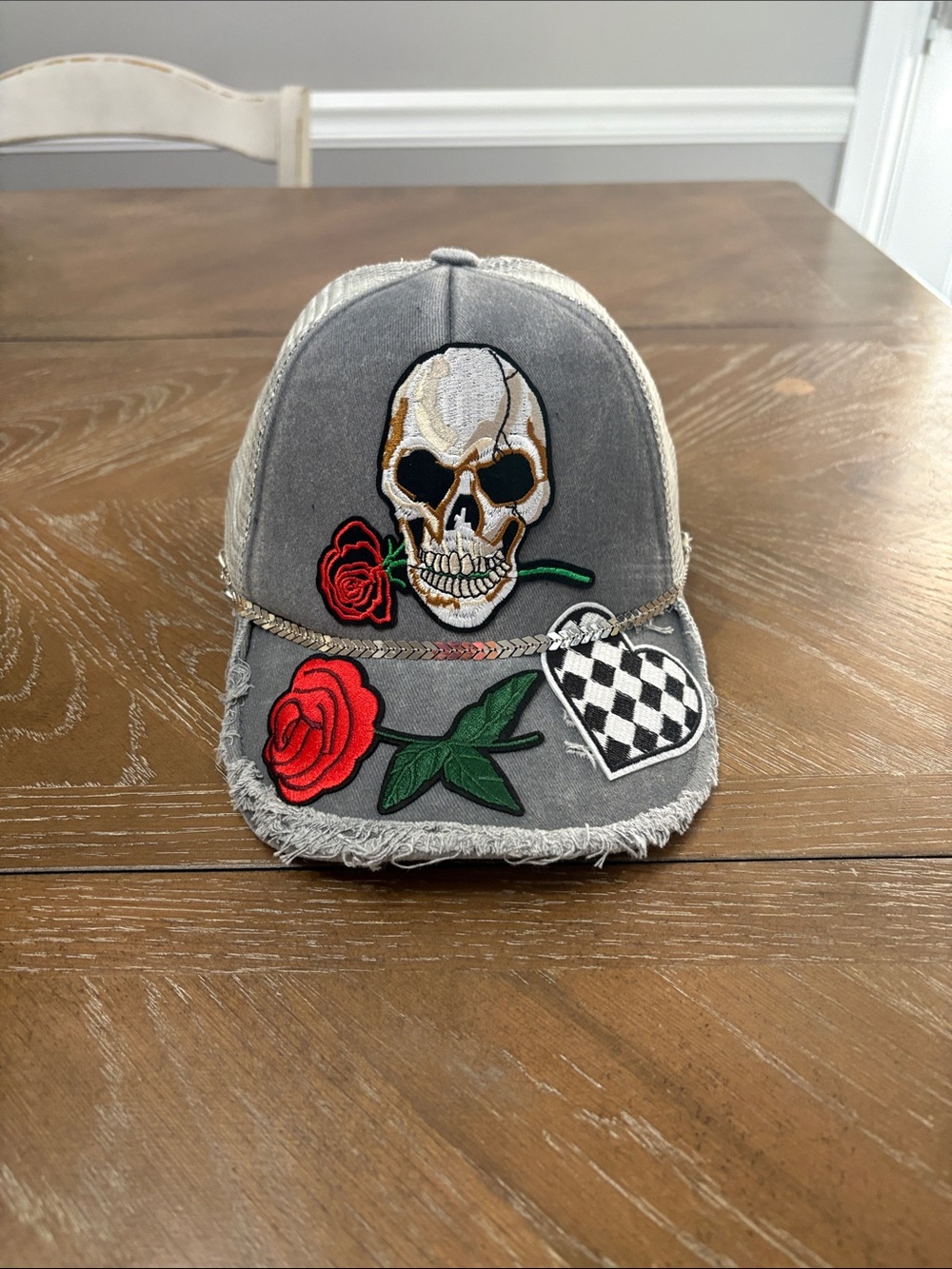 Distressed Gray Skull & Rose Patch Cap